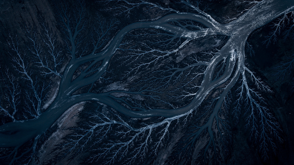 Aerial organic patterns — dark atmospheric terrain with flowing natural forms