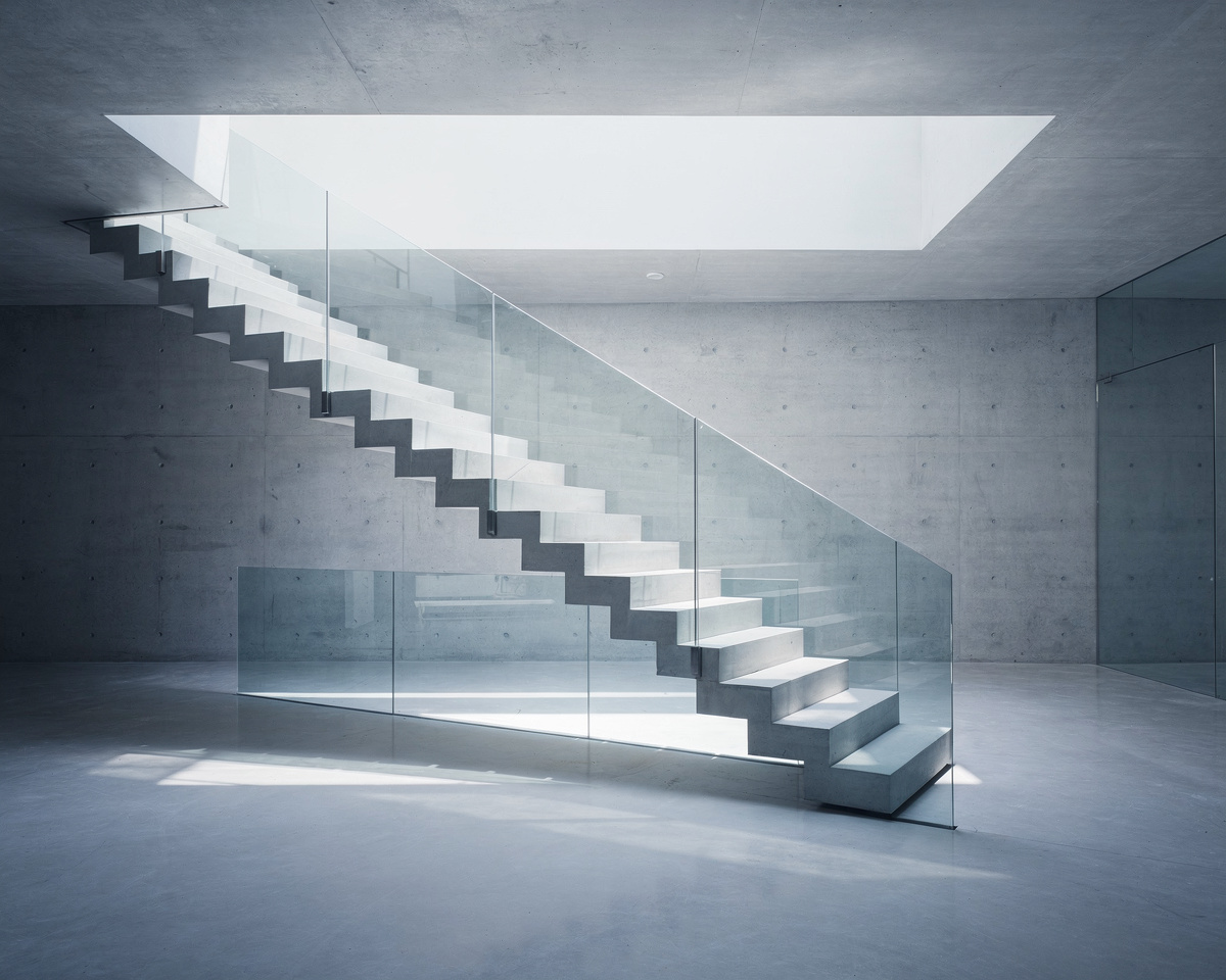 Modern floating staircase ascending through natural skylight