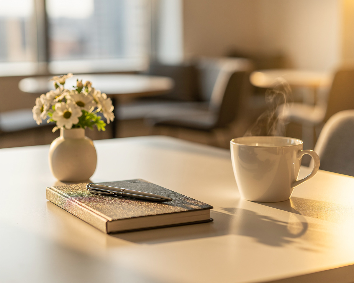 Welcoming desk with flowers, notebook, and morning light