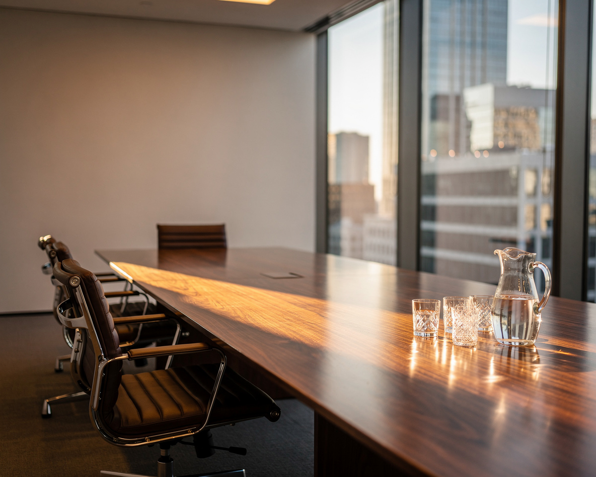 Modern boardroom with walnut table and city skyline view